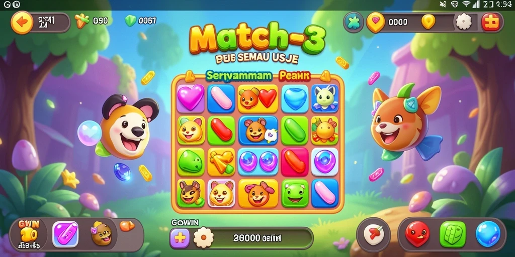 Screenshot GOWIN menampilkan gameplay Match-3 yang penuh warna.