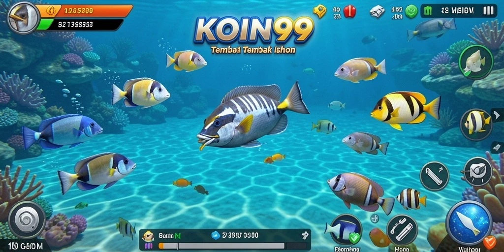Tampilan gameplay KOIN99 menampilkan suasana seru menangkap ikan.