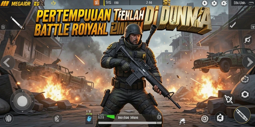 Screenshot gameplay MEGAIDR menampilkan aksi pertempuran intens di arena Battle Royale.