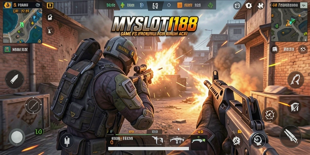 Screenshot MYSLOT188 menunjukkan aksi tembak-menembak yang mendebarkan.